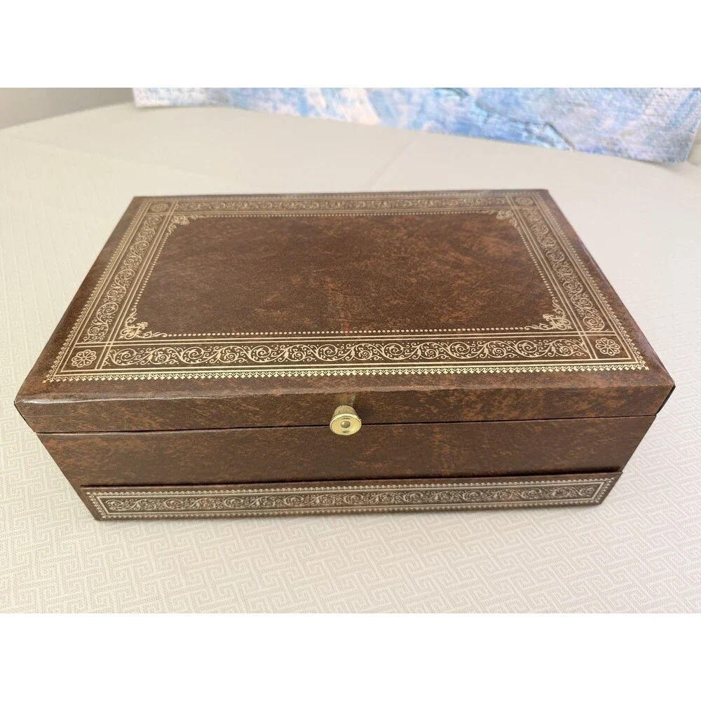 Vintage Brown Gold Faux Leather 3-Tier Jewelry Box Organizer w-Velvet Interior